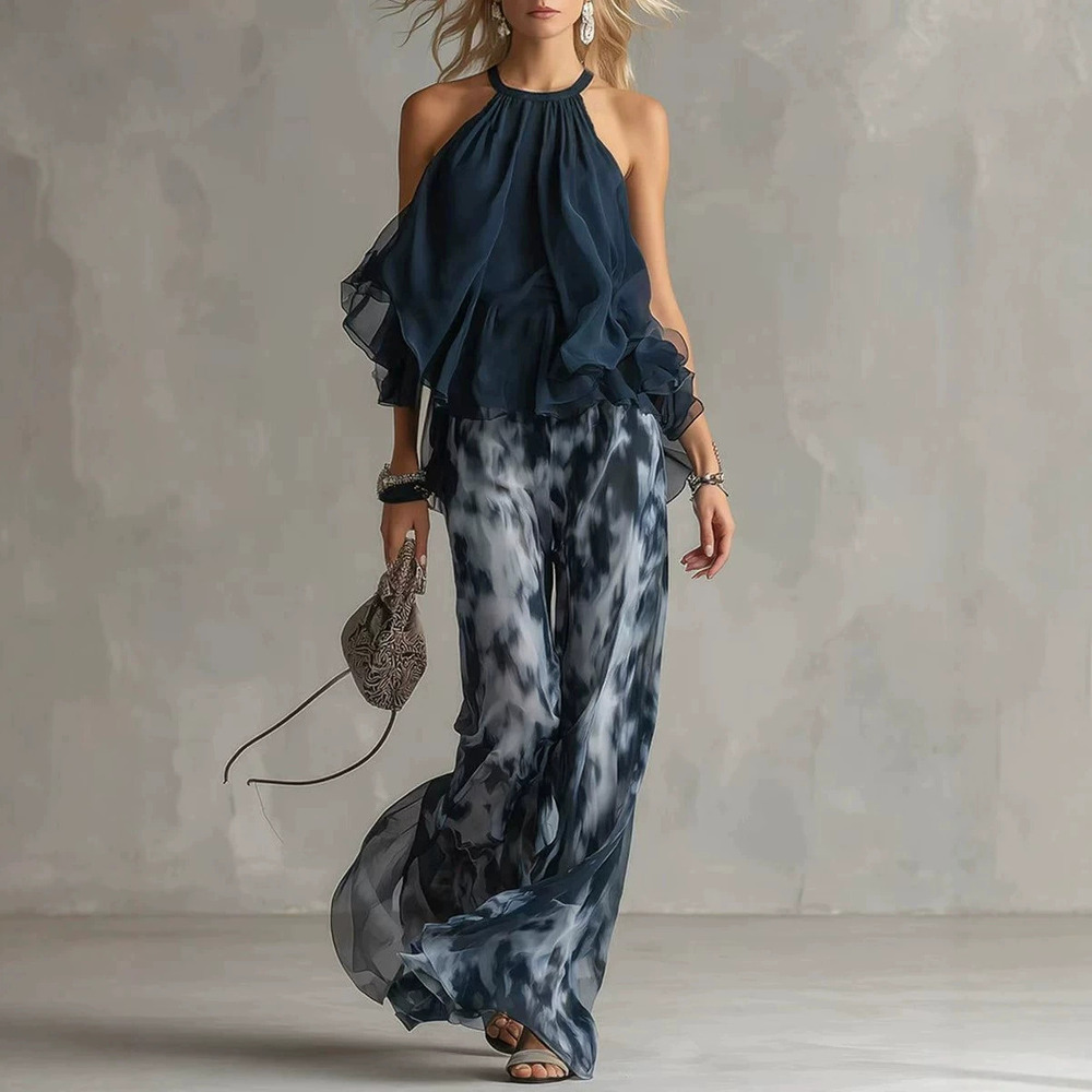 Forever 21 Summer Chiffon Cami Top and Printed Wide-Leg Pants Set